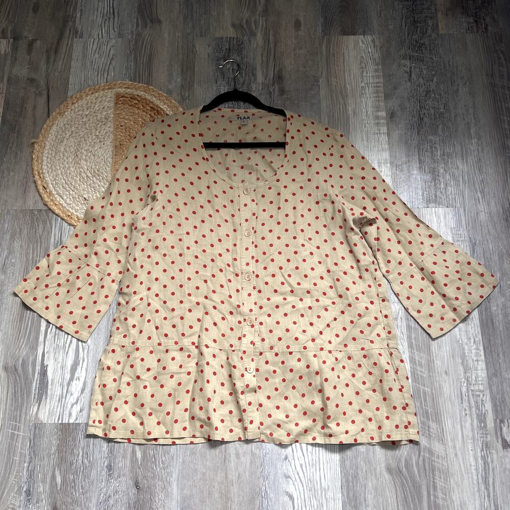 FLAX Red Polka Dot Pattern Flounced Peplum Hem 3/4 Sleeve Womens Top